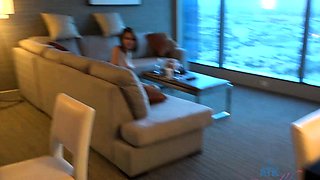 Amateur brunette babe gives pov blowjob in bathroom