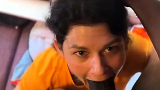 Femdom cuckold with interracial blowjob from brunette