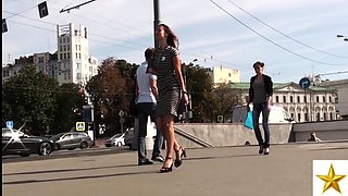 Sexy slender European teen in high heels upskirt outside