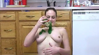 Sexy Big Tits Brunette Strips and Plays with Applesauce and Whip Cream