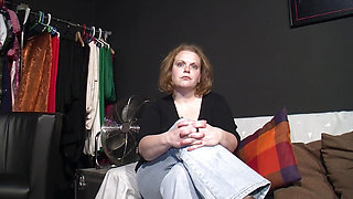 German bbw milf gets aroused by touching her big pierced tits while masturbating her shaved pussy with a long sex toy