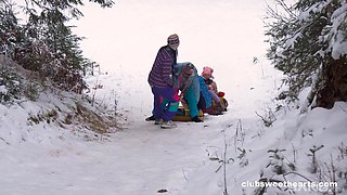 Four hot lesbians bang in front of the fire