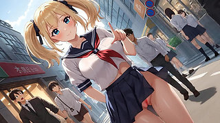 Walking on a lively street with her lower body exposed