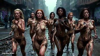 [AI-generated] Future Rave Filth Run in South Bronx - AI Chicks Racing Nearly Nude with Juggling Udders Getting Sloppy in Rainy Streets