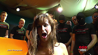 Brunette Bukkake Slut Takes Massive Cumshots From Gang