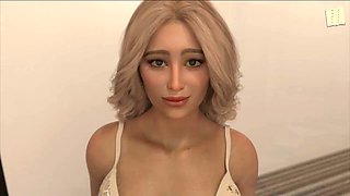 Busty blonde in a 3D visual novel game featuring big and small tits