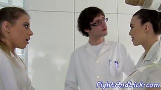 Euro lesbos grapple and lick pussies