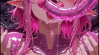 Pink anime girl elf in pink combat suit, gets rubbed by hoses