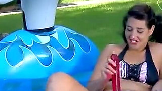 Big ass chick plays with sex toys and gets anally fucked outdoor