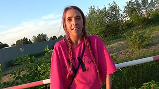 In the tiny Parisian car, a petite teens' red hair bounces as she sucks and rides with wild abandon