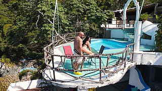 Jean's Latina curves in lacy lingerie by the Alaskan Outdoor Pool