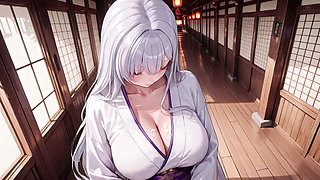 Silver-haired Miko Shrine Secrets! Half-unbuttoned White Kimono, Kneeling Poses and Intense Eye Contact.