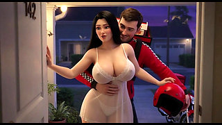 Curvy Woman In Translucent White Outfit Talks To Pizza Delivery Guy At Her Front Door At Night (AI generated)