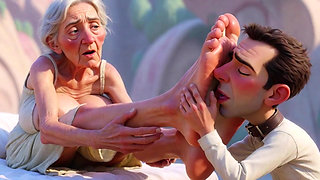 Giantess Old Granny Foot Slave Worship - Tiny Man Licking Her Giant Feet