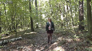 Sexy MILF pees in park. Random passerby young man saw and asked MILF to show pussy and arse and let him touch. Naked in public. Public nudity. No panties. Without panties. Under skirt. Wet pussy. Squirt. Squirting. Stockings High Heels. Golden Rain