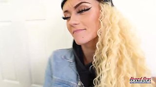 Petite Brunette and Skinny Blonde Share a Huge Cock for a Cum Swallowing Blowjob