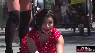 Busty sub girl nude outdoor in public by order of her mistress