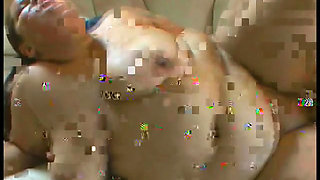 Old dude fucks fat chick's shaved pussy while she fondles her huge tits