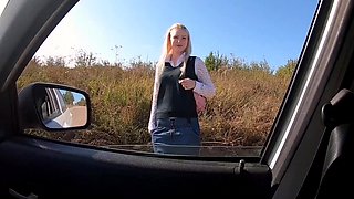 A Pretty Slim Blonde Student Pleased Me With a Great Outdoor Blowjob & Sex For Giving Her a Lift