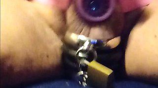 Reverse chastity belt with ring lock and blue penis plug in piss hole