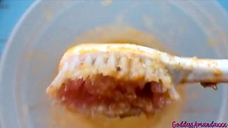 Goddess Amanda Humiliates Piggy Slave with Food & Toothbrush in Bathroom Fetish