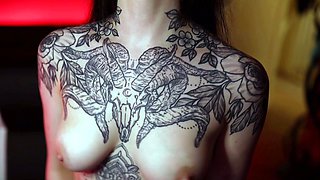 Busty curly brunette with big boobs fucks on couch