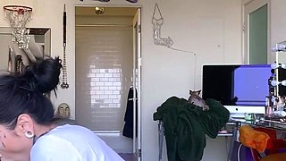 Busty curly brunette with big boobs fucks on couch