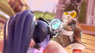 Widowmaker gets intimate with Tracer, making sultry eye contact while pleasuring her