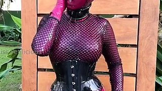 Outdoor solo masturbation scene with curly blonde