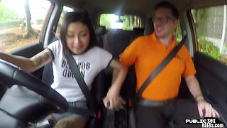 Asian driving student public fucked outdoor in car by tutor