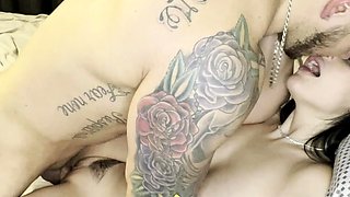 Busty curly brunette with big boobs fucks on couch