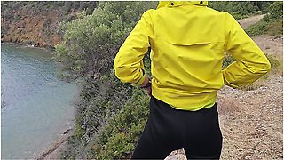 Close Up Pee From Rocky Clifs Before Going To Cold Scandinavian Beach