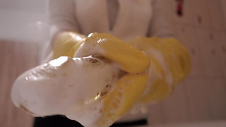 My Stepsister in Yellow Dishwashing Gloves Takes a Bath with a Dildo and Lots of White Foam and Soap