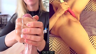 Julia Softdome shows off her perfect pink pussy with Hitachi orgasms in a split screen