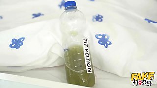 Fake hostel - young backpacker swallows sensational potion which makes her titties increase in size enormous!