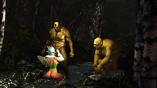 Threesome with a beautiful hot fairy and two orcs in forest