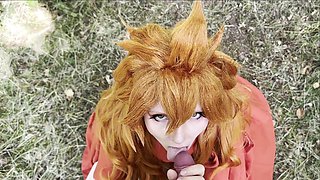 Hot girl in Mereoleona Vermillion from Black Clover cosplay massages her pussy and sucks my cock, slurping it with intense lust