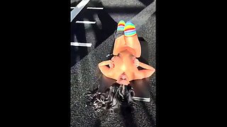 Busty curly brunette with big boobs fucks on couch