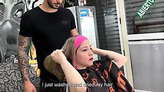 Amateur three-way at the parlor with a cuckold beau