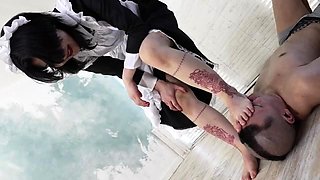 Asian dominatrix uses pitiful slave for wild facesitting
