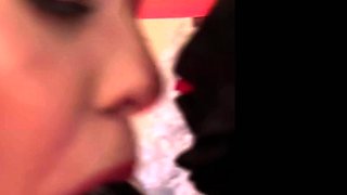 Sexy brunette lesbian riding a big strapon