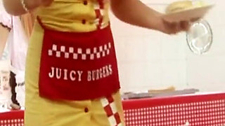 Funny Food Scene 2: Couple of Blonde Waitresses Fucking in Lingerie in a Foursome Covered in Cream