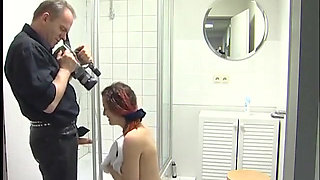 Cute teen takes a shower and blows an older guy's cock