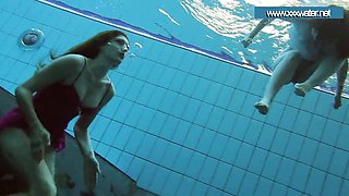 Hotly dressed teens in the pool