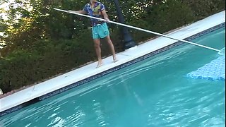 Passionate brunette delivers sensual outdoor pool pleasure with intense heat