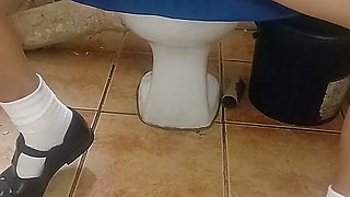 19 Year Old College Girl in Uniform Play with Vibrator in Mini Skirt in Toilet