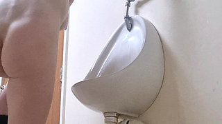 Girl with Nice Ass Strips and Pisses Mens Bathroom Risky Pee