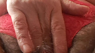 Mom in Action Wearing Red Panties, Digging Her Fingers Into Her Hairy Pussy
