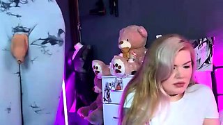 Vulva rubbing close up with blonde handling monster dildo