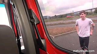 CougarMature blonde picks up young cock fucks lucky Hitchhiker in the MatureVan